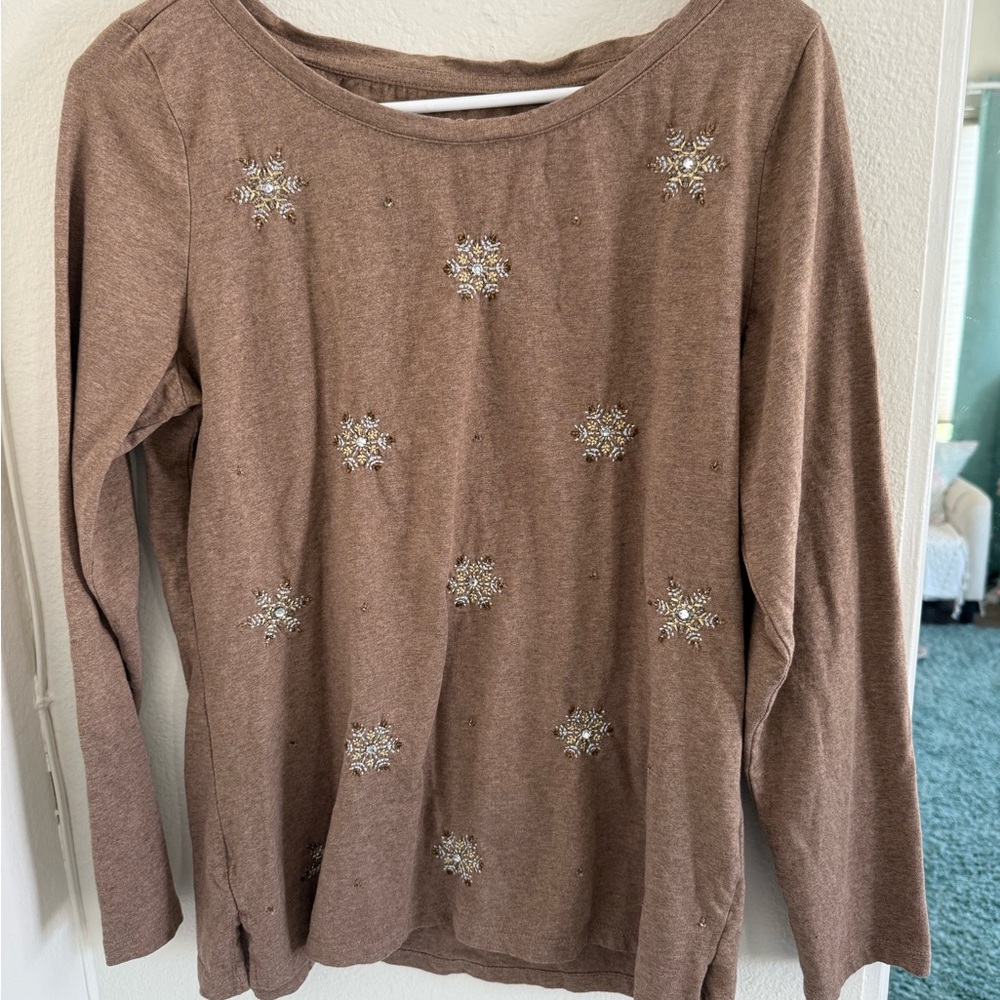 Talbots Embellished Snowflake Tee – Brown Cotton Long Sleeve Shirt M